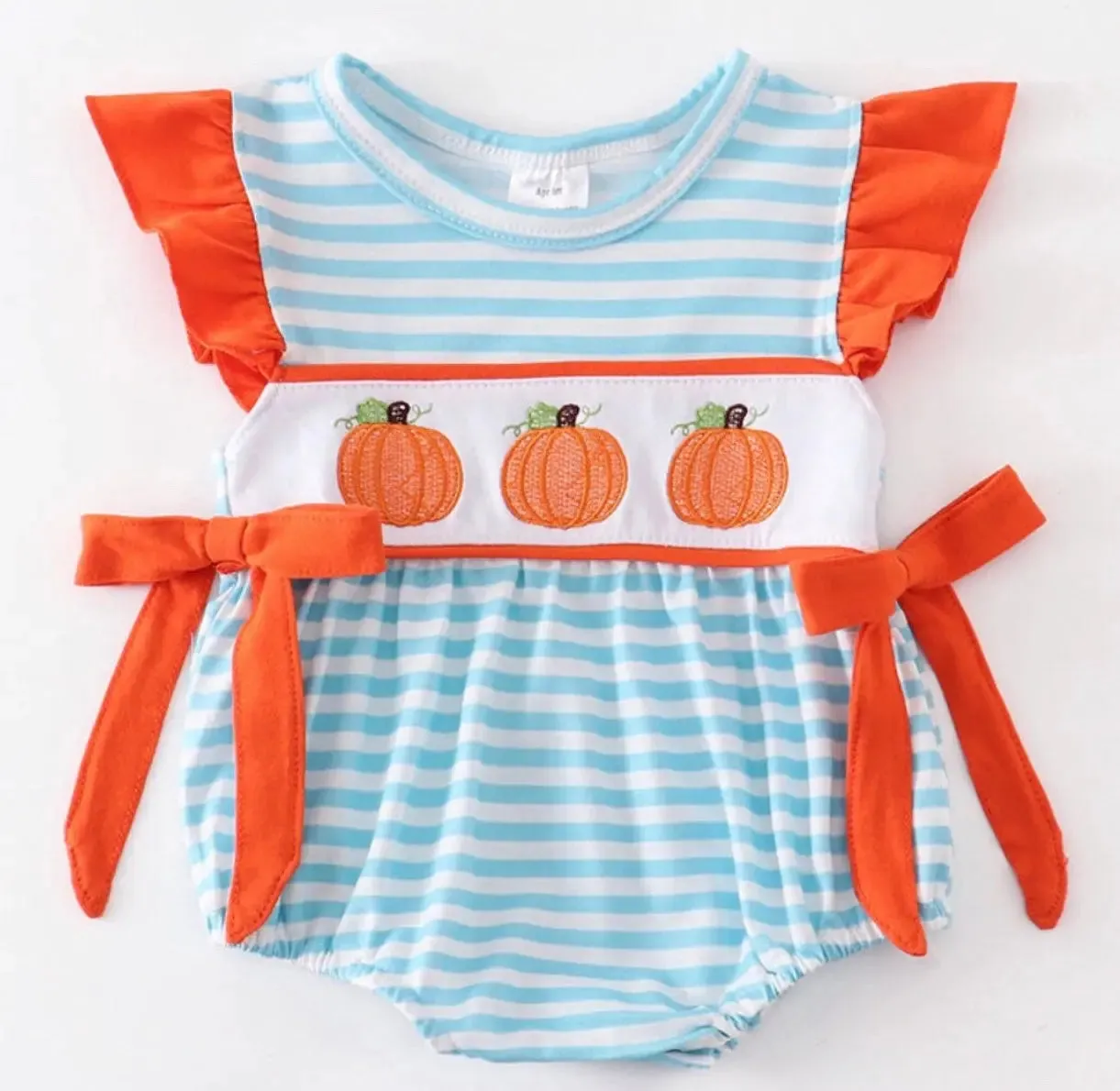 Blue Striped Embroidered Pumpkin Girl Romper