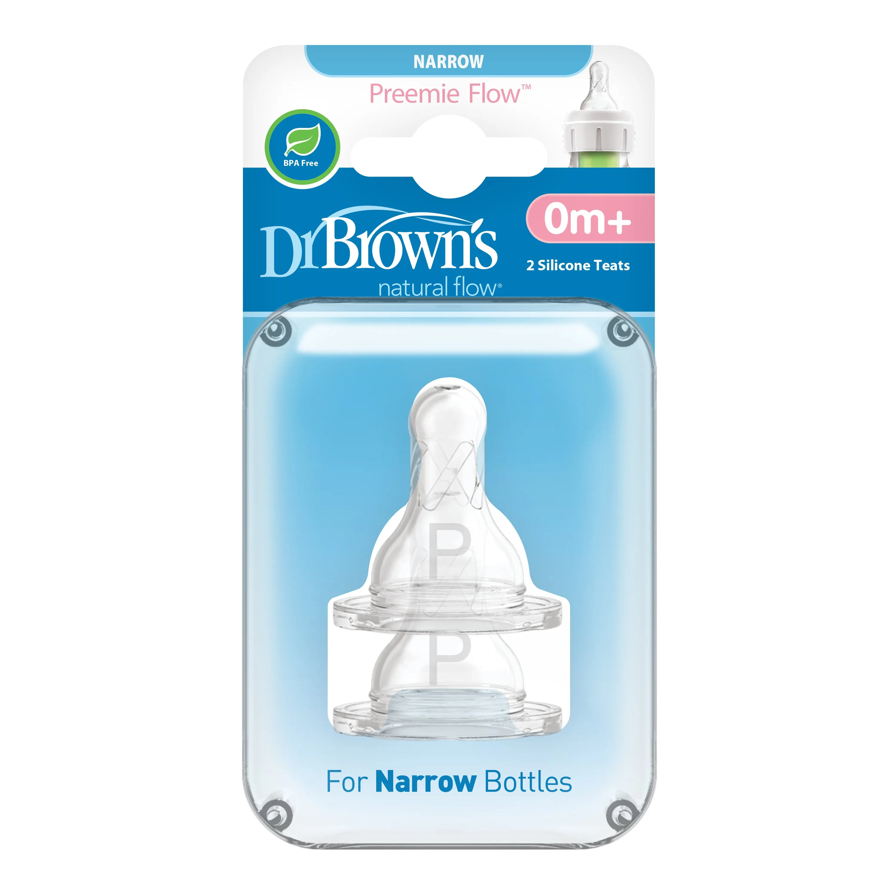 Dr. Brown's Preemie Flow Silicone Narrow Nipple, 2-Pack Transparent Birth  to 3M