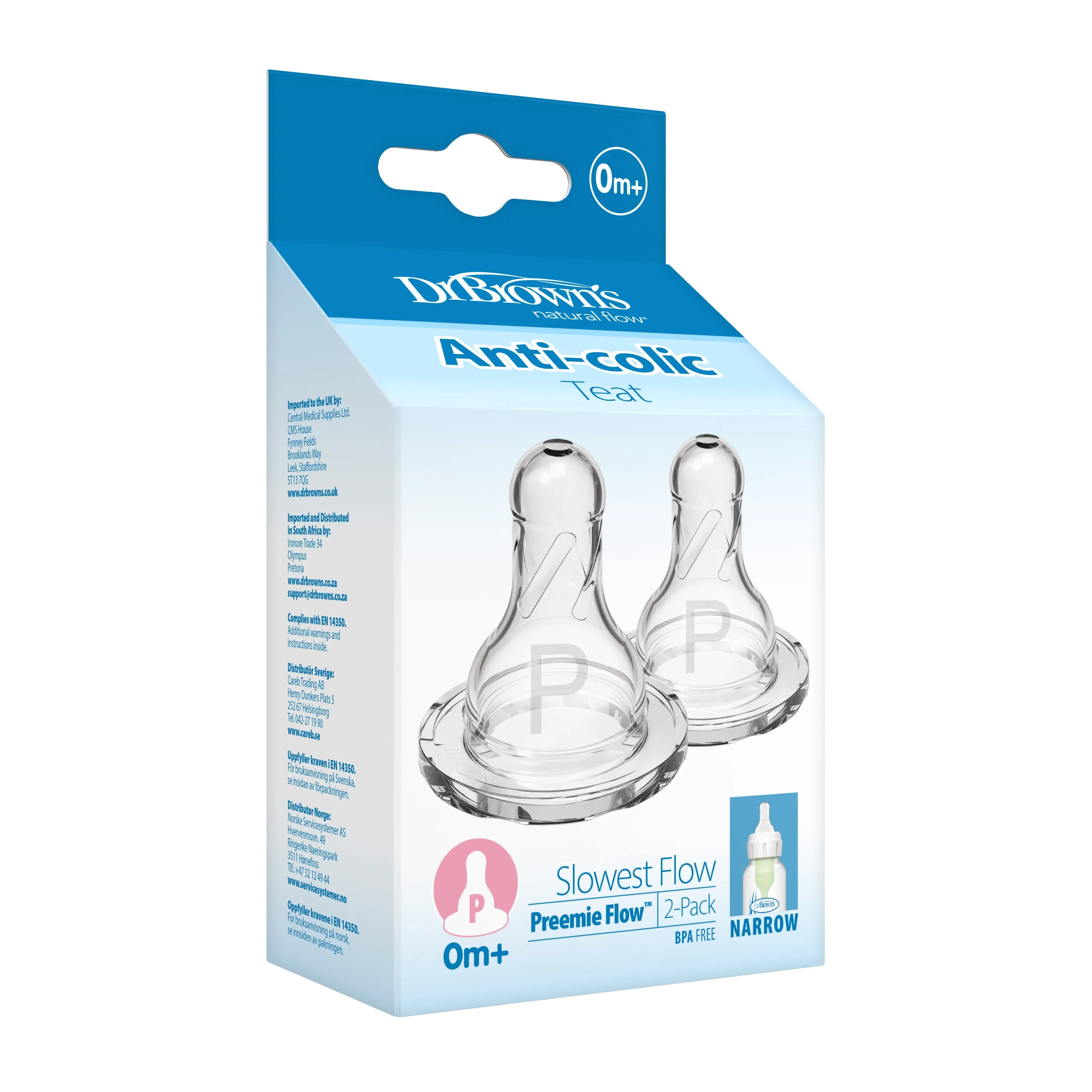 Dr. Brown's Preemie Flow Silicone Narrow Nipple, 2-Pack Transparent Birth  to 3M